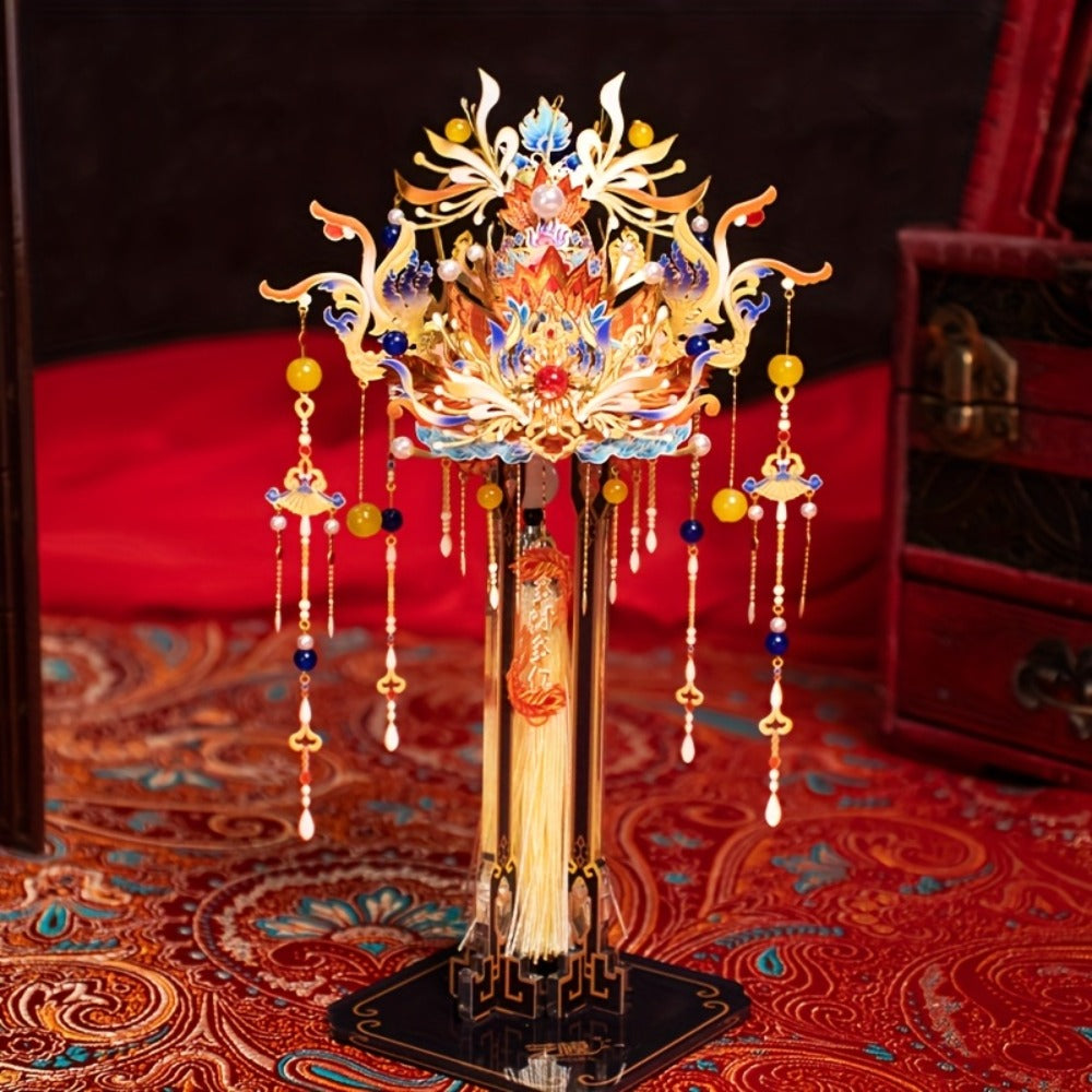 3D Metal Puzzle Phoenix Crown Qingluan – Blue & Gold DIY Assembly with Beads & Tassels, Chinese Mythology Art Collectible — i