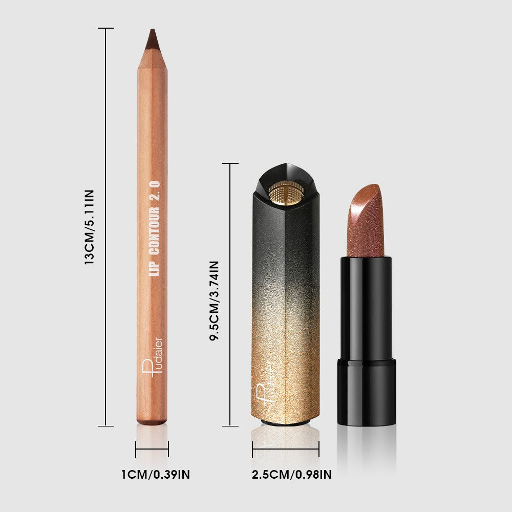 Golden Lipstick Set with Lip Liner Pencil 2 Piece, Brown Shimmer Lipstick and Nude Lip Liner — image 6
