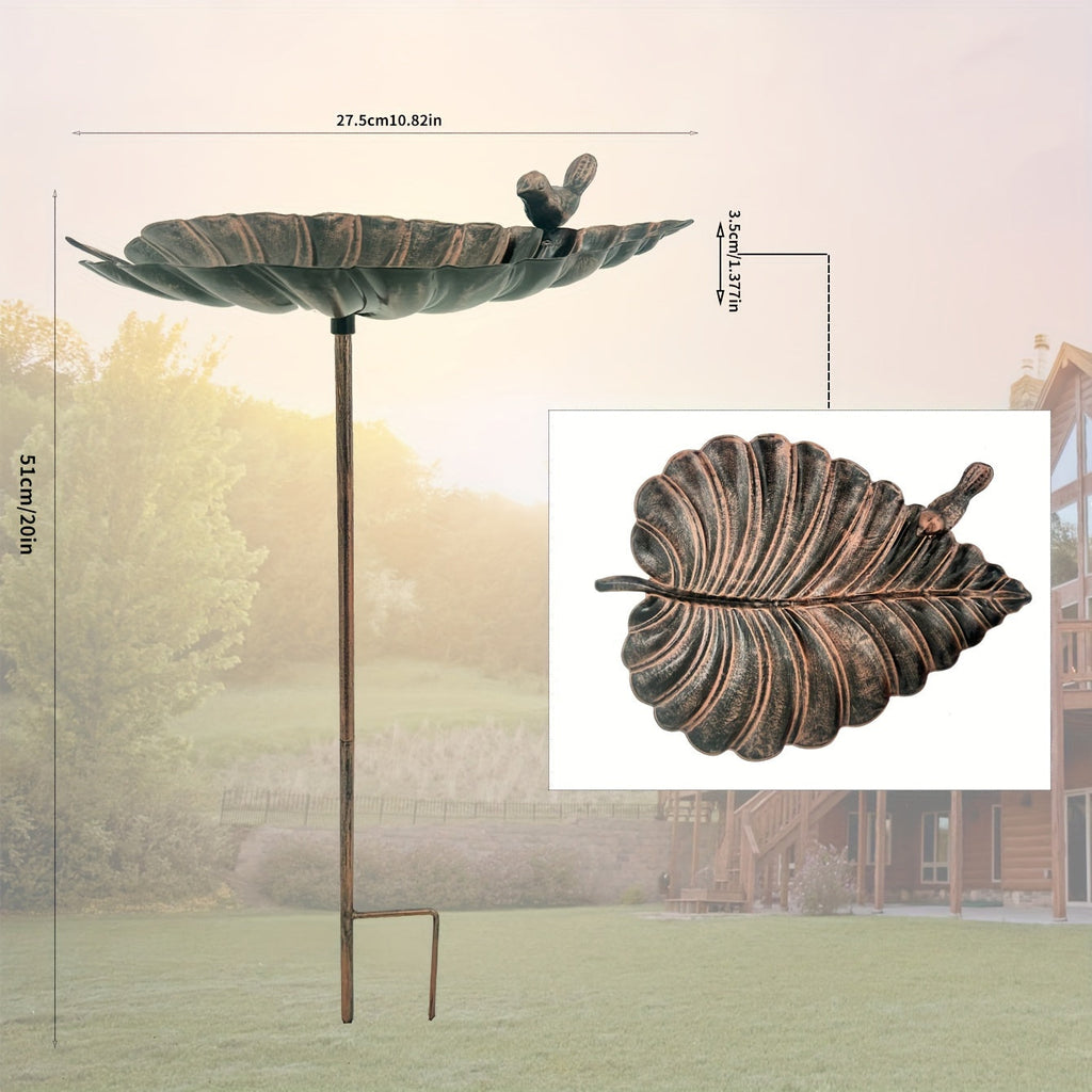 20-Inch Copper-Look Leaf Bird Bath with Bird Accent and Two-Prong Garden Stake for Yard and Lawn — image 4
