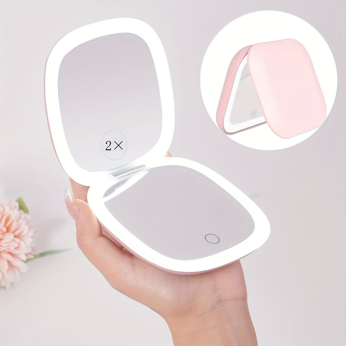 Foldable LED Makeup Mirror Double-Sided 1X 2X Magnification – Handheld Lighted Mirror, for Makeup, Travel and Everyday Vanity