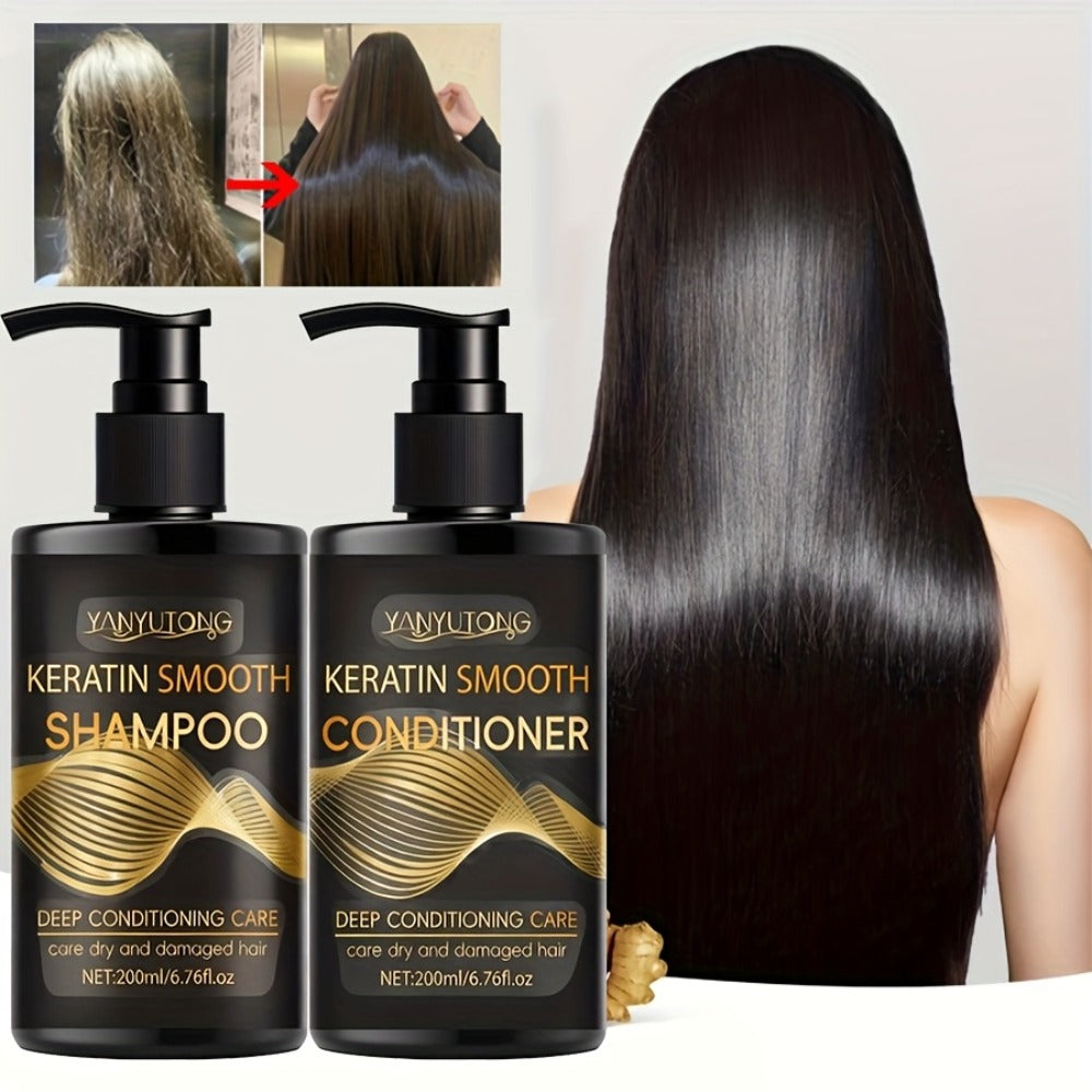 Keratin Shampoo and Conditioner Set 400ml, Breakage Split Ends & Anti-Frizz, Silky Smooth Hair for Color-Treated Heat-Damaged