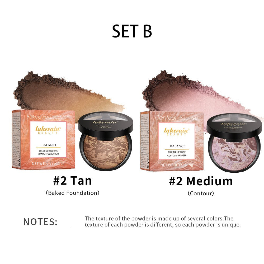 Marble Baked Contour Palette Set 2-Piece Kit with Color Correcting Foundation Powder, for Makeup, Travel and Everyday Vanity 