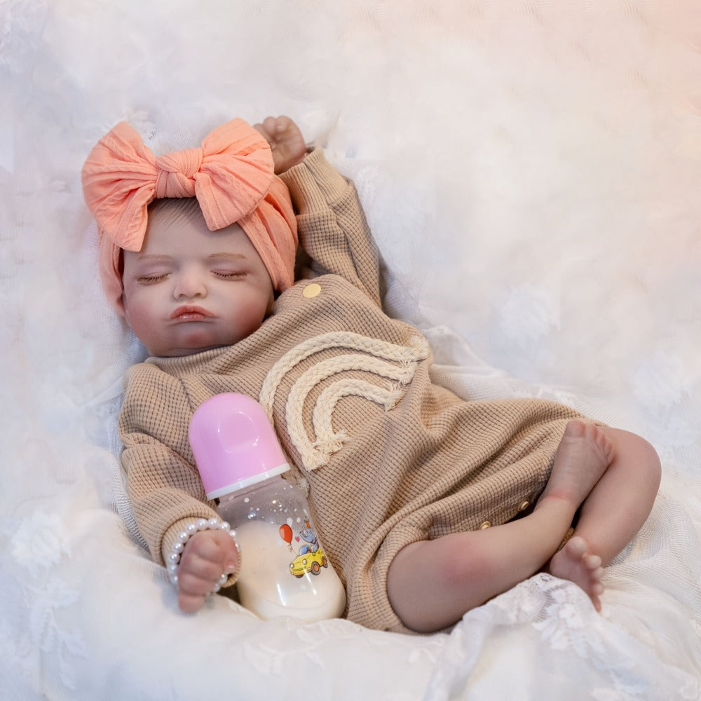 Reborn Baby Doll 20-Inch Sleeping Soft Cloth Body with Striped Outfit, Bow Headband and Feeding Accessories — image 5