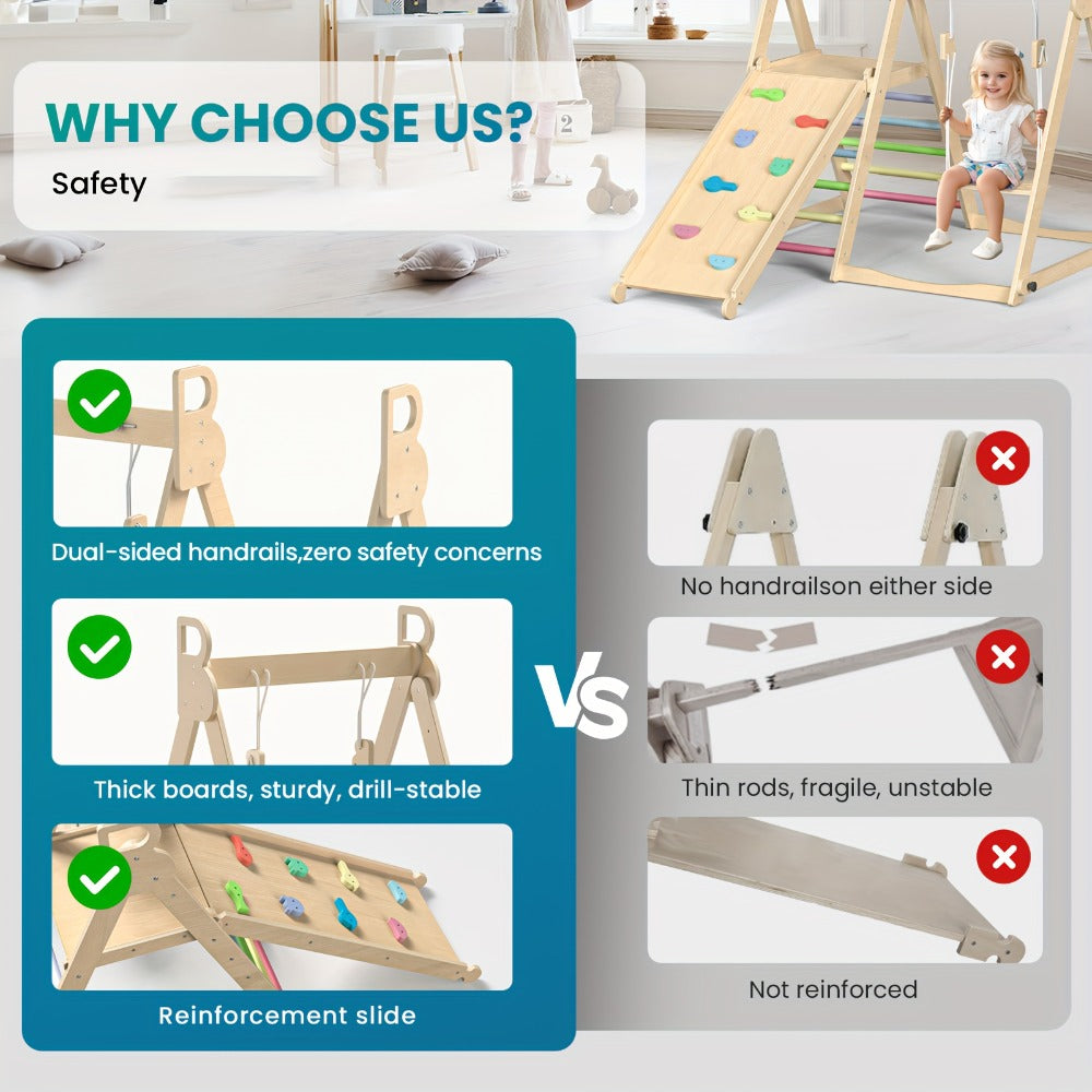 Foldable Indoor Wooden Jungle Gym for Toddlers, 4-in-1 Climbing Frame with Swing, Slide & Ladder — image 8
