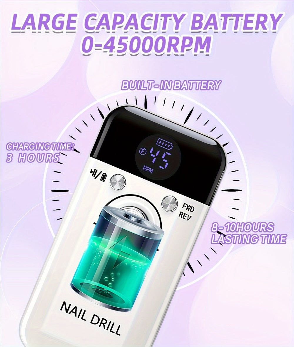 Electric Nail Drill 45000 RPM Rechargeable Kit with LCD Display and V6 Pink or White Options — image 13