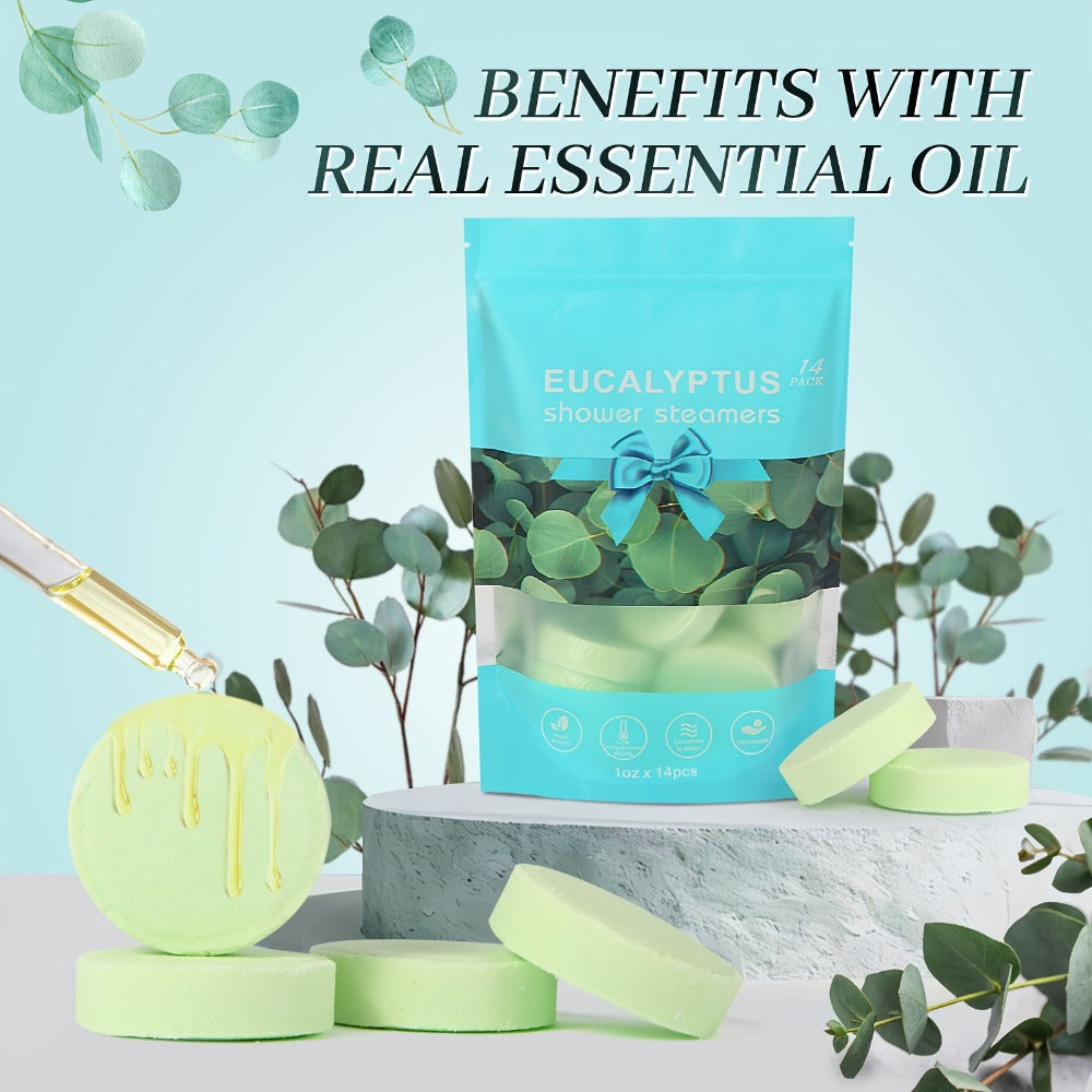 Fourteen Green Eucalyptus-Labeled Shower Steamer Tablets with 30 g Pieces in a Resealable Display Bag — image 3
