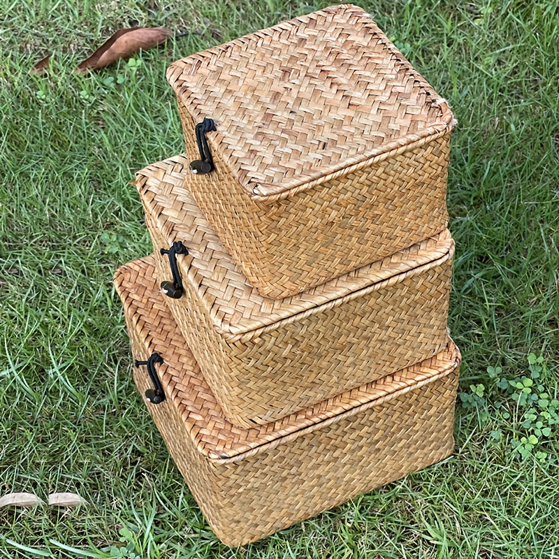 Rattan Storage Baskets Set of 3 with Lattice Lids and Label Holders in Graduated Sizes for Home Organization — image 2