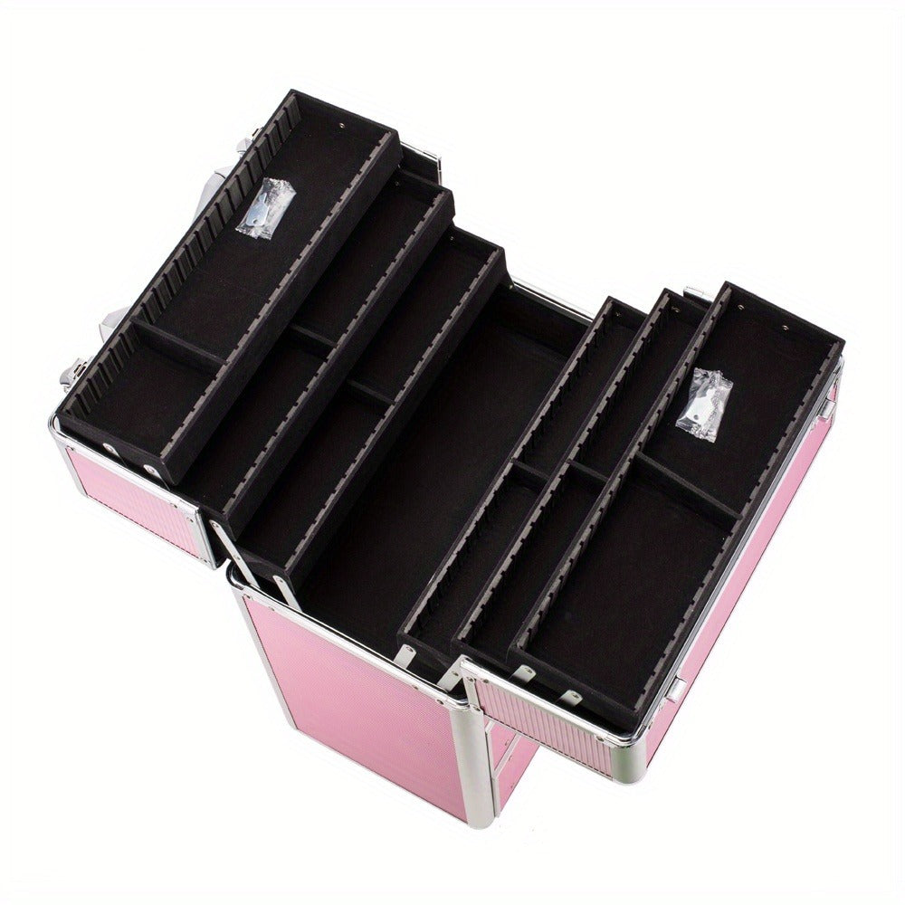 Pink Four-Tier Rolling Makeup Train Case with Fold-Out Top Trays, Two Drawers and Telescoping Handle — image 8