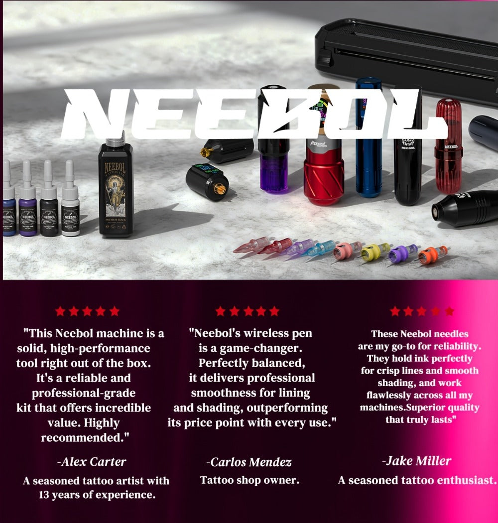 Tattoo Machine Kit Neebol A-07, A-07 Pro or B-08 Cordless Pen with 1600mAh Battery, 20 Cartridges and 8 Inks — image 16