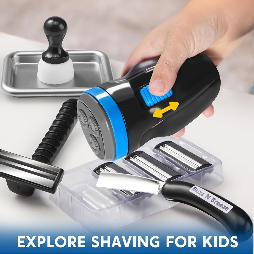 Kids Barbershop Pretend Play Kit 23pcs with Storage Box, Realistic Barber Role Play Toys with Shaver Scissors Hairdryer Comb 