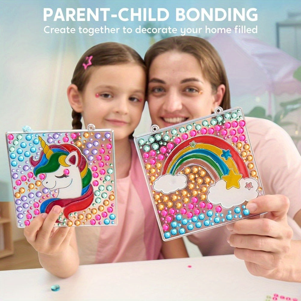 Suncatcher Painting Kit 4pcs for Kids, 2-in-1 Window Art with Gem Stickers & Paint Pens, Butterfly Unicorn Rainbow Sun Design