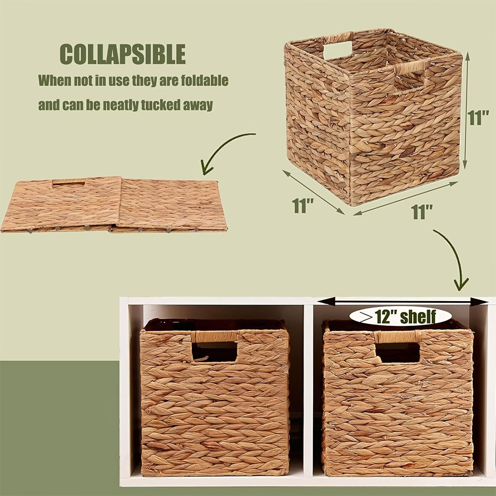 Storage Baskets, Foldable Water Hyacinth Cube with Handles, 11 x 11-Inch, 1- to 4-Pack Options — image 2