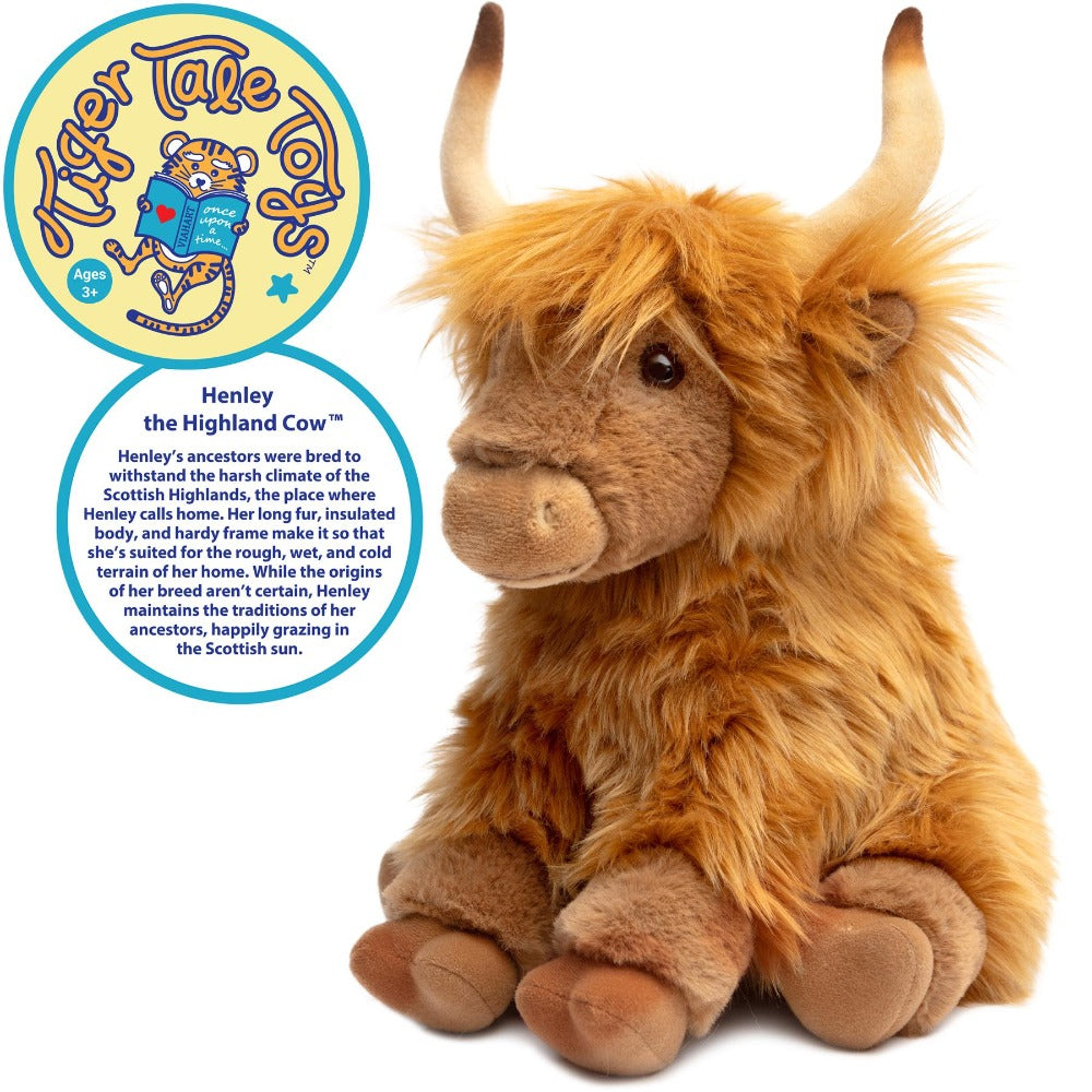 Stuffed Animal Henley Highland Cow with 14-Inch Scale, Shaggy Brown Coat and Care for Character Display, Room Decor and Gift 