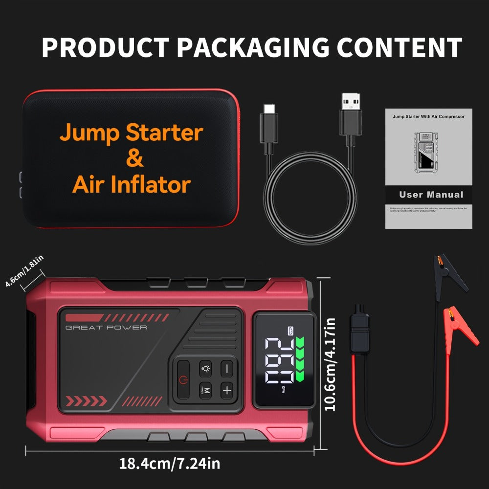 12V Jump Starter with 4000A Marking, 150 PSI-Labeled Air Compressor, Digital Pressure Display and Two Black Color Options — i