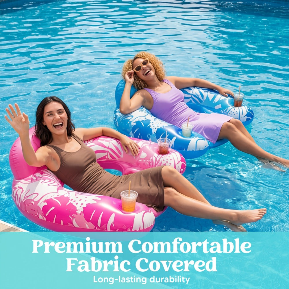 Leaf Print Inflatable Pool Chair Pair with Cup Holders, Blue and Pink 49 x 35 Inch Seats for Adult Lounging — image 2