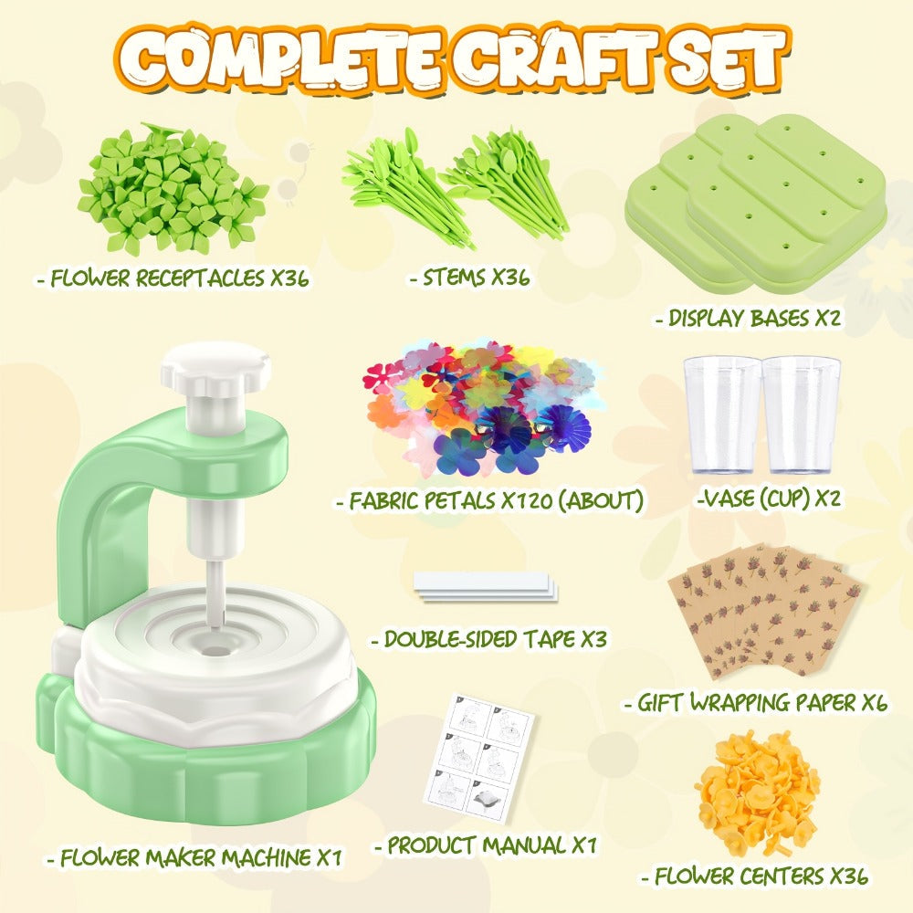 Flower Bouquet Maker Craft Kit with Hand-Operated Tool, Fabric Petals, Stems, Centers and Display Bases — image 3