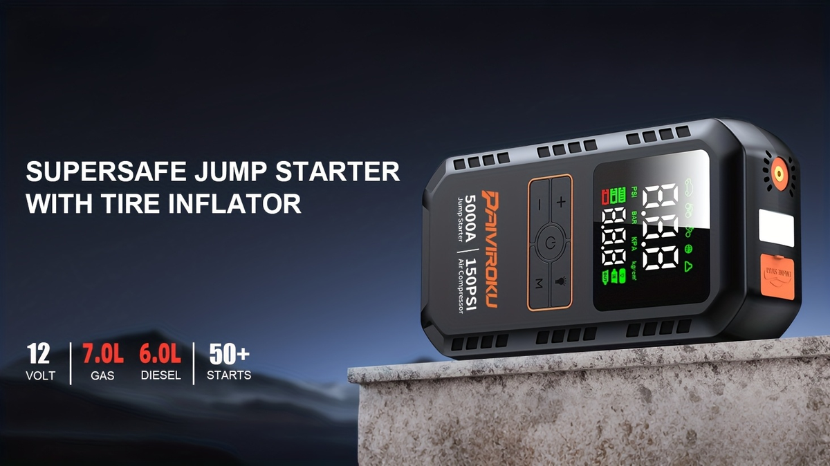 5000A Car Jump Starter with 150 PSI Digital Tire Inflator, 12V Clamps and 44.4Wh, 59.2Wh or 74Wh Options — image 12