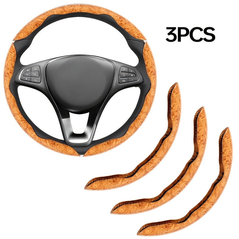 Carbon Fiber Steering Wheel Cover 3pcs – Anti-Skid Segmented Snap-On Protector, High-Grip ABS Resin, Universal Fit, Wood Grai