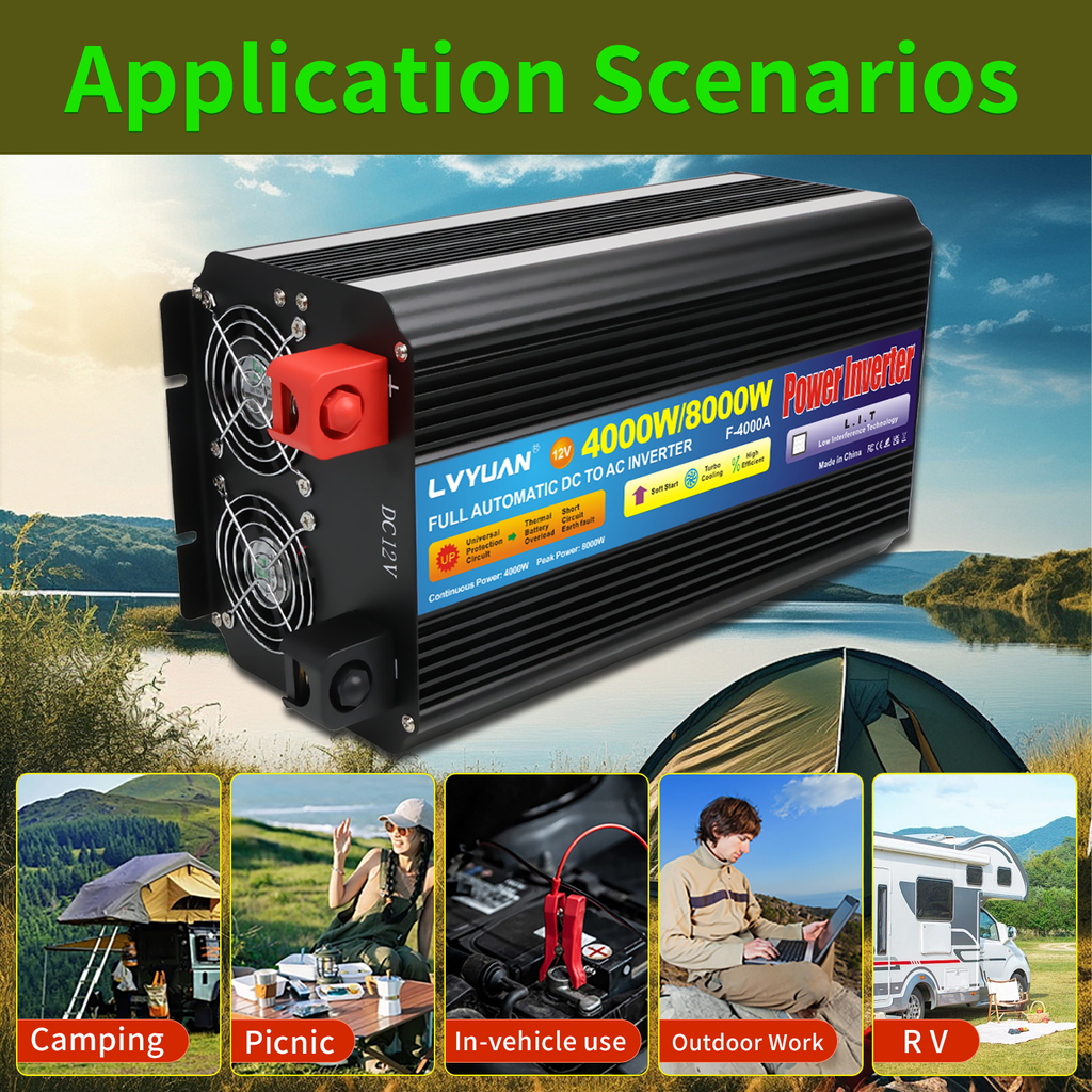 Pure Sine Wave Power Inverter 4000W 8000W Peak DC 12V to AC 110V with LCD Display Remote Control 4 AC for Garden, Patio and Y