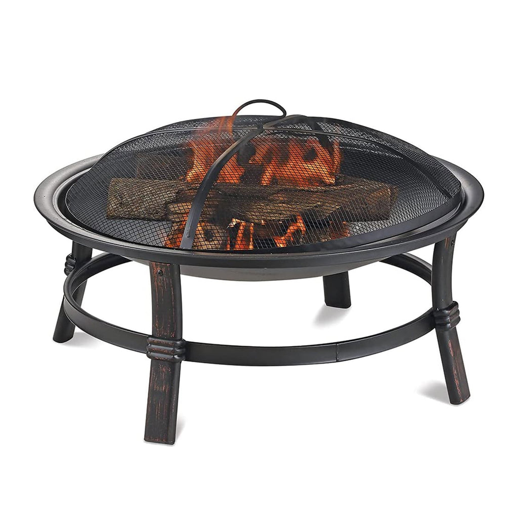 29.3-Inch Round Fire Pit Bowl with Domed Mesh Cover, Four-Leg Stand and Long Poker in Black — image 2