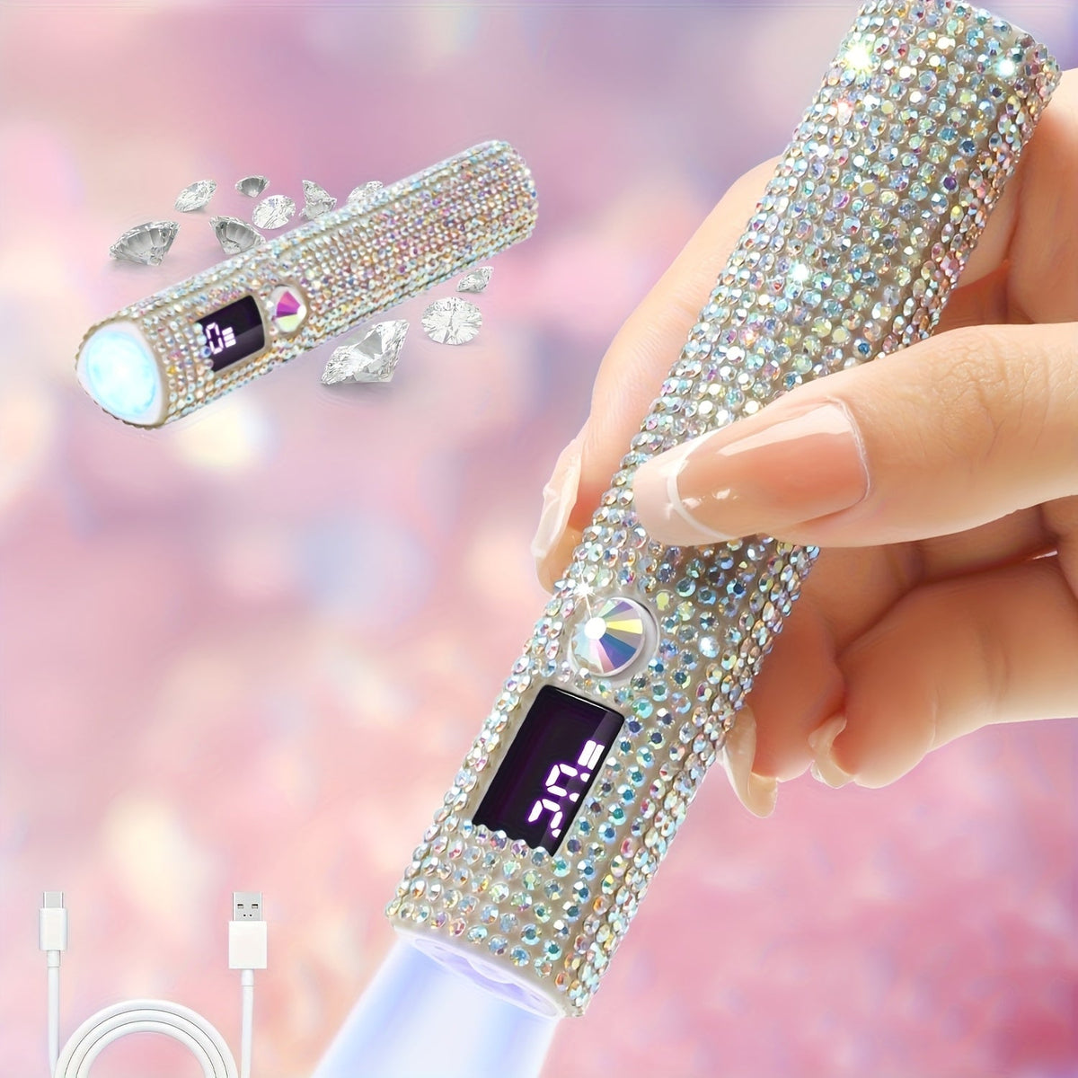 Portable LED Nail Lamp Rhinestone Design USB Rechargeable 365+405nm Quick Dry Gel Curer 20s 60s Timer LCD Display Wireless Na