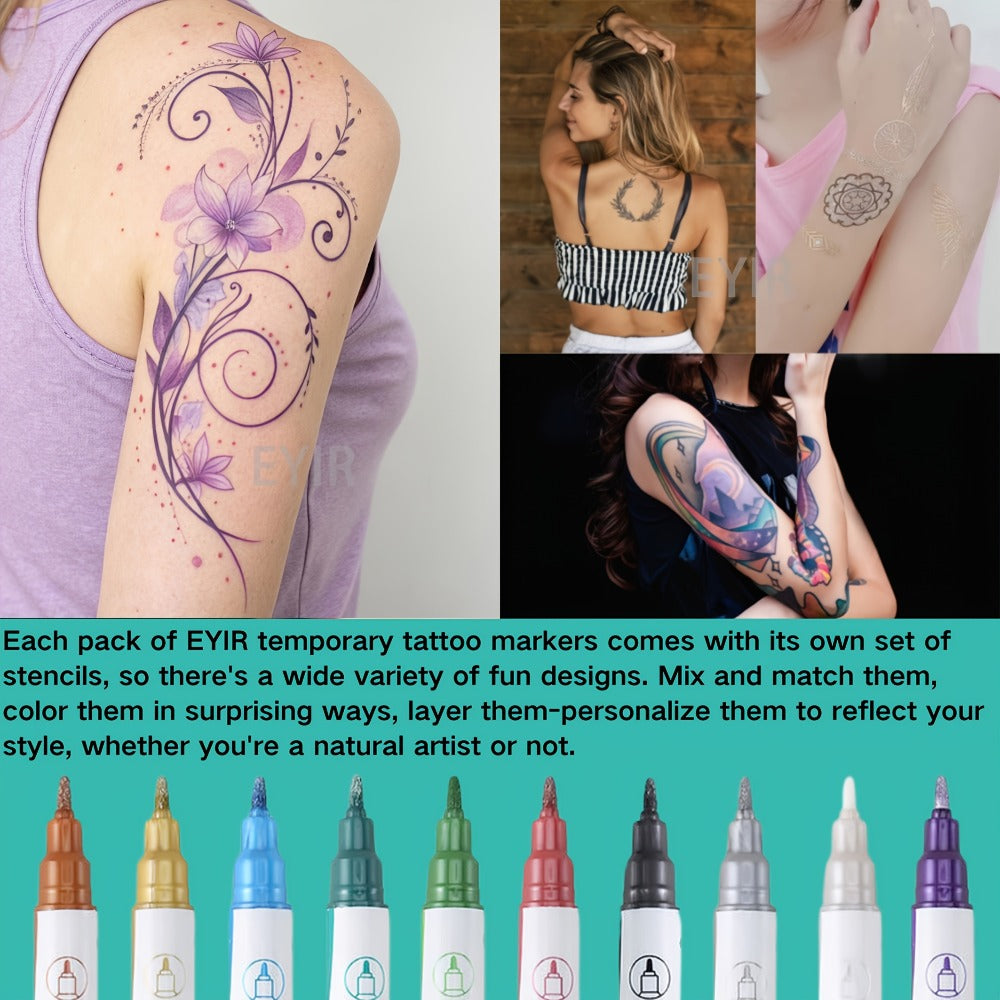 Double-Ended Tattoo Pen Set 10 Pcs with 114 Templates & Butterfly Stickers, Waterproof Sweat-Resistant DIY — image 3