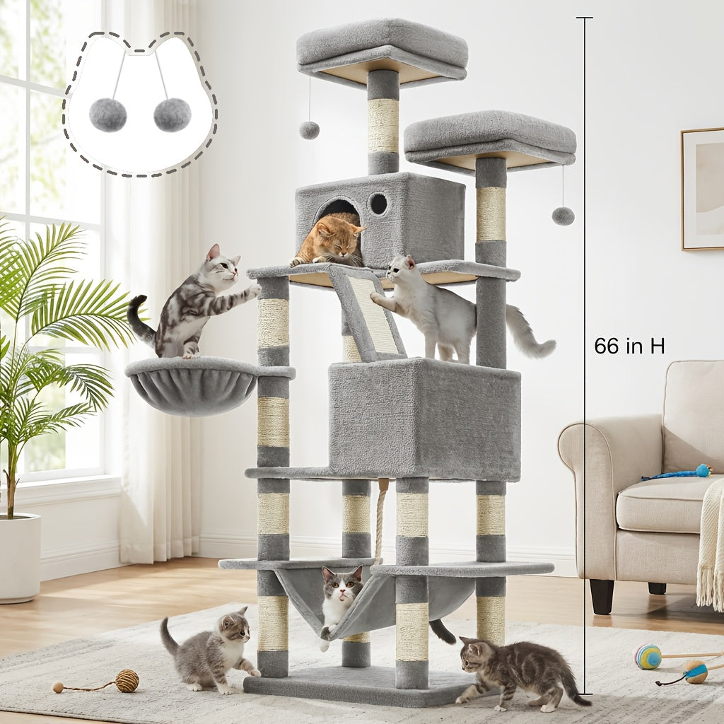 44- or 66-Inch Cat Tree Condo with Cave, Hammock, Raised Platforms and Four Color Options for Indoor Cats — image 1