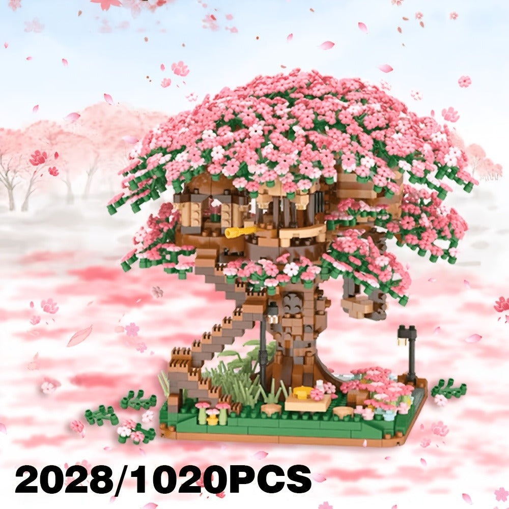 Building Block Set Cherry Blossom Tree House, 1020 or 2028 Micro Pieces with Pink Canopy and Base Display — image 2