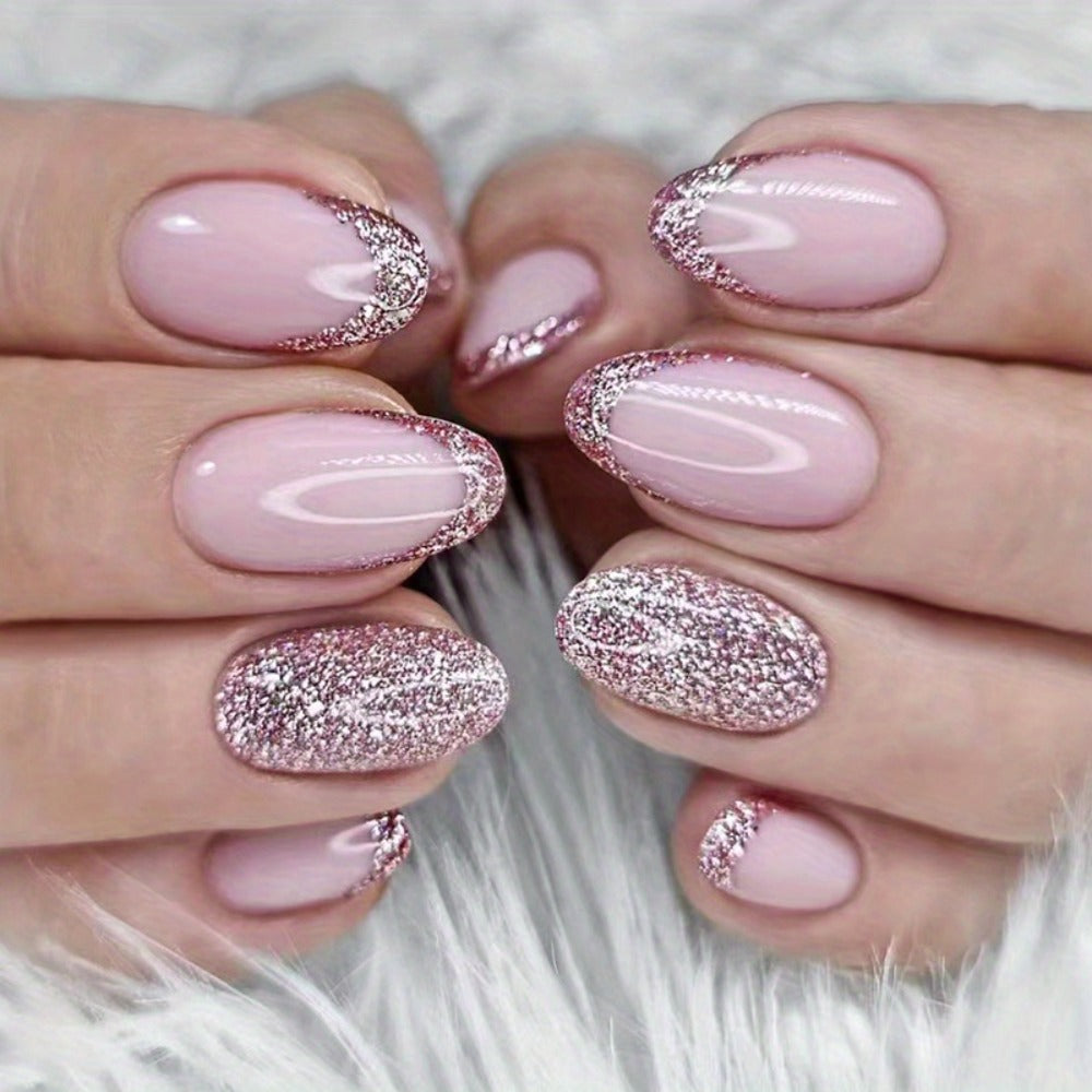 Press On Nails 120-Piece Medium Coffin Five-Pack Pinkish Purple Glitter Sequin Glossy Full-Cover Set — image 8