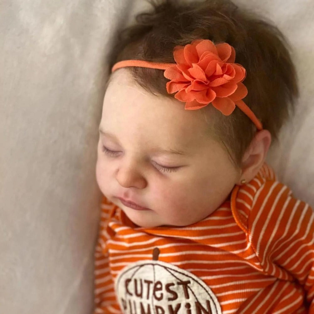 Reborn Baby Doll 20-Inch Sleeping Cloth Body with Rooted Hair, Orange Outfit, Pacifier, Bottle and Accessory Card — image 10