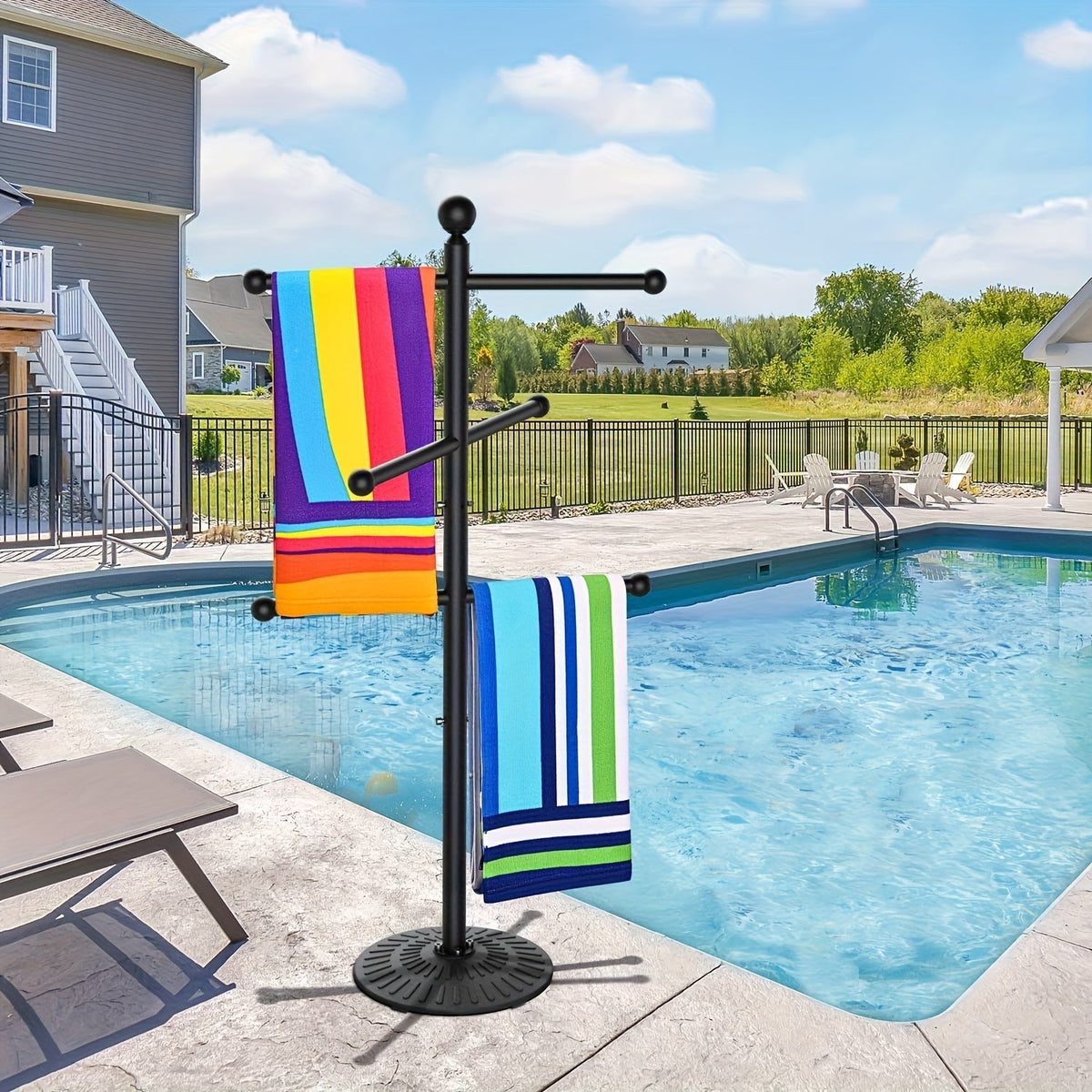 Pool Towel Rack Freestanding Outdoor – 3-Bar Iron Towel Stand with Hooks, Windproof Wide Base, No Sand Needed — image 1