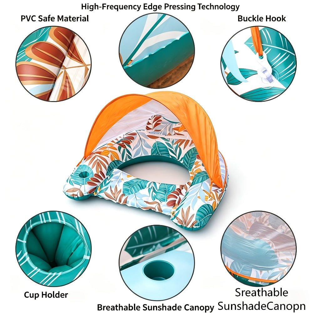Tropical Leaf Inflatable Pool Lounger with Canopy, Cup Holder, Two Donut Drink Rings and Green or Blue Options — image 5