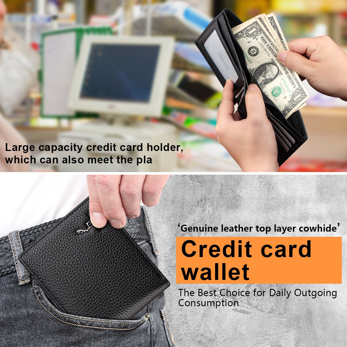 Black Men's Genuine Leather Wallet Cowhide Short Bifold