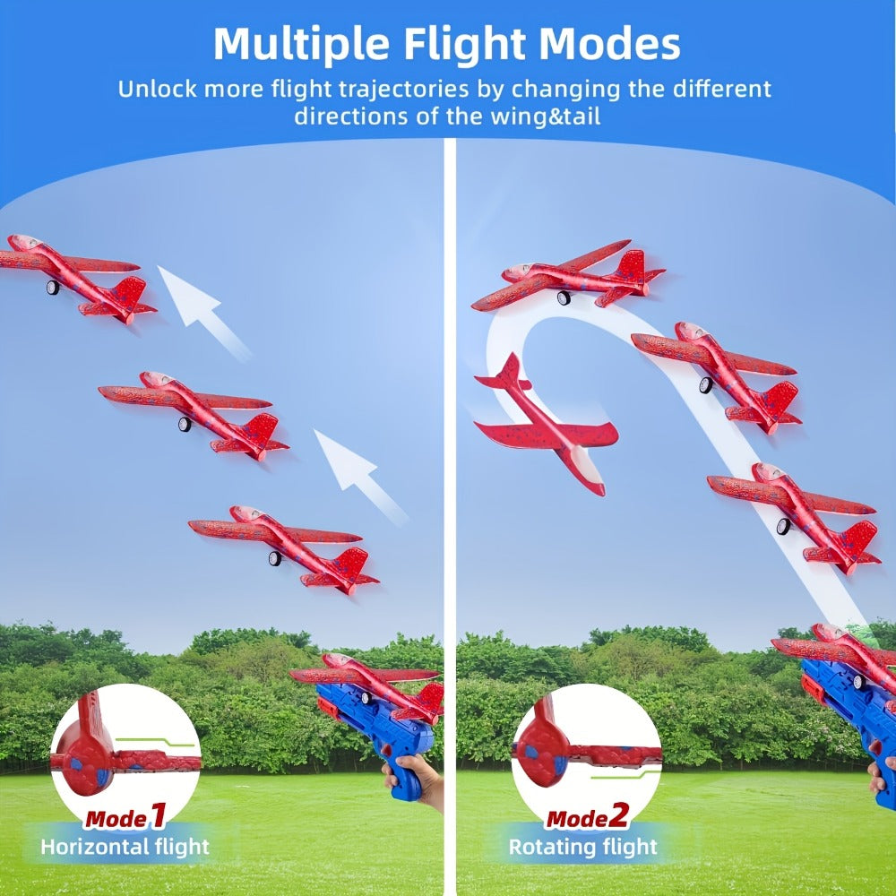 Foam Airplane Launcher Toy Set with 3 Foam Planes & Catapult, 2 Flight Modes Outdoor Flying Glider Toy for Kids Boys Girls Ag