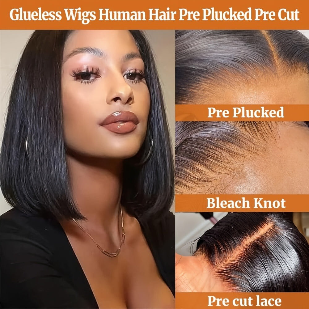 Bob Wig Human Hair 250% Density 4x4 HD Lace Straight Glueless Pre Cut Pre Plucked Wear and Go Natural Black for Women Daily W