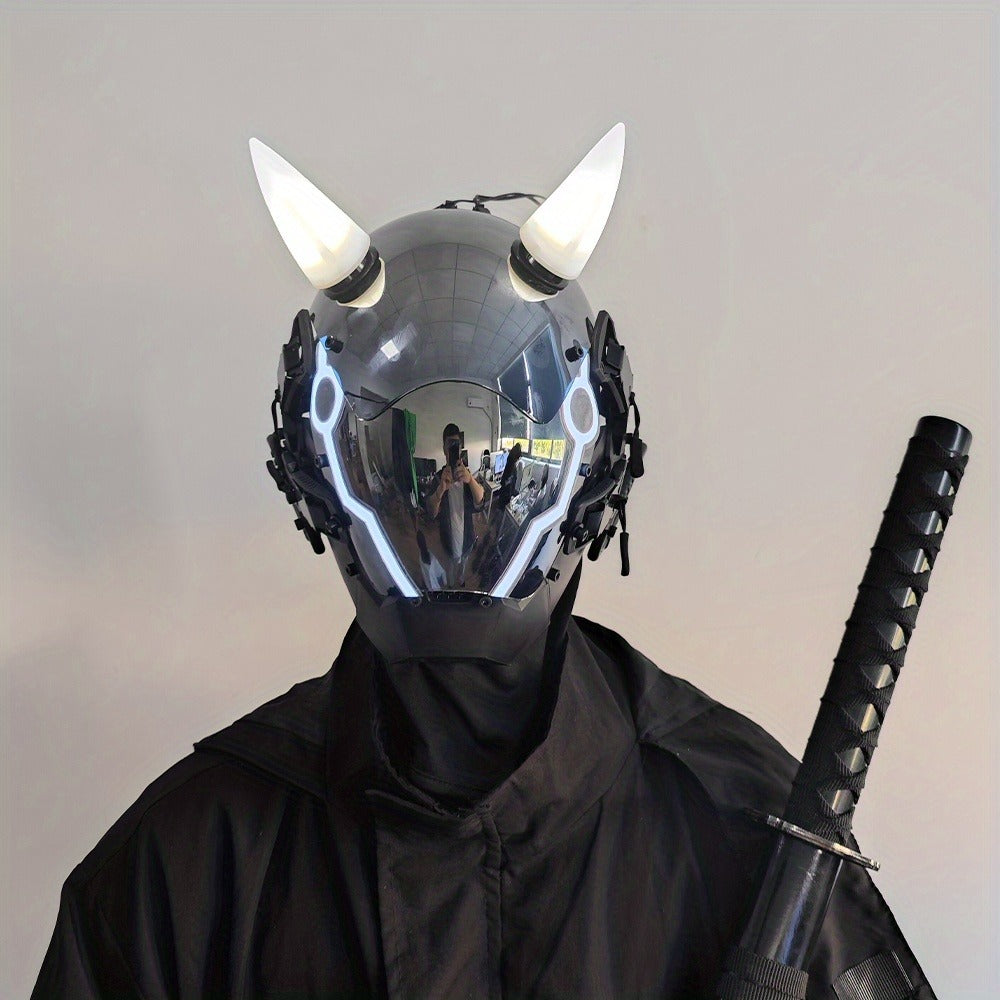 Pink LED Cyberpunk Costume Mask with Horned Full-Face Helmet, Reflective Visor and Lighted Accent Lines — image 18