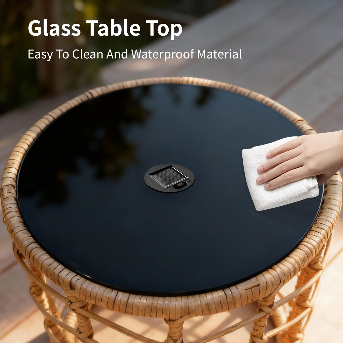 Outdoor Side Tables for Patio, Set of 2 Nesting PE Wicker Frames with Tempered Glass Tops for Patio or Balcony Layouts — imag