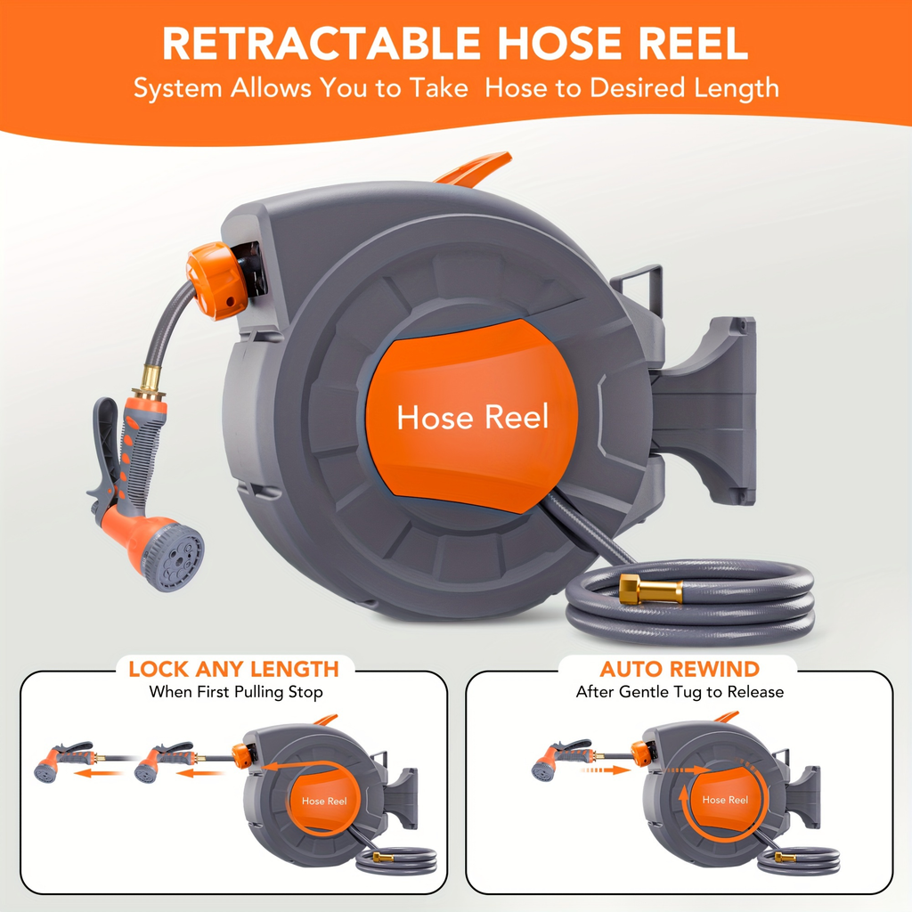 65ft Automatic Garden Hose Reel with 9-Function Sprayer | 180° Swivel, Auto-Rewind & Slow Return System — image 6