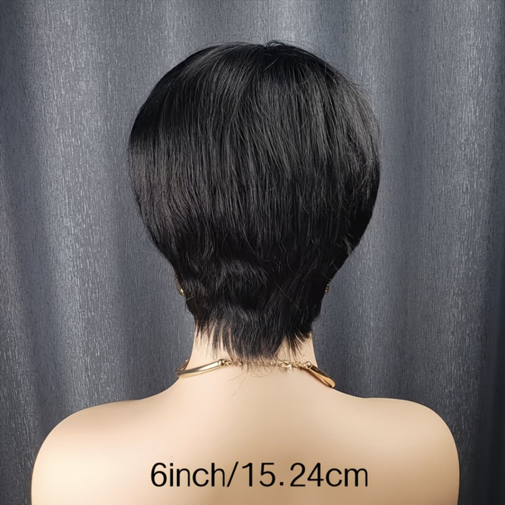 6-Inch Pixie Cut Human Hair Wig with Full Bangs, 180% Density and Black or Burgundy Color Selections — image 7