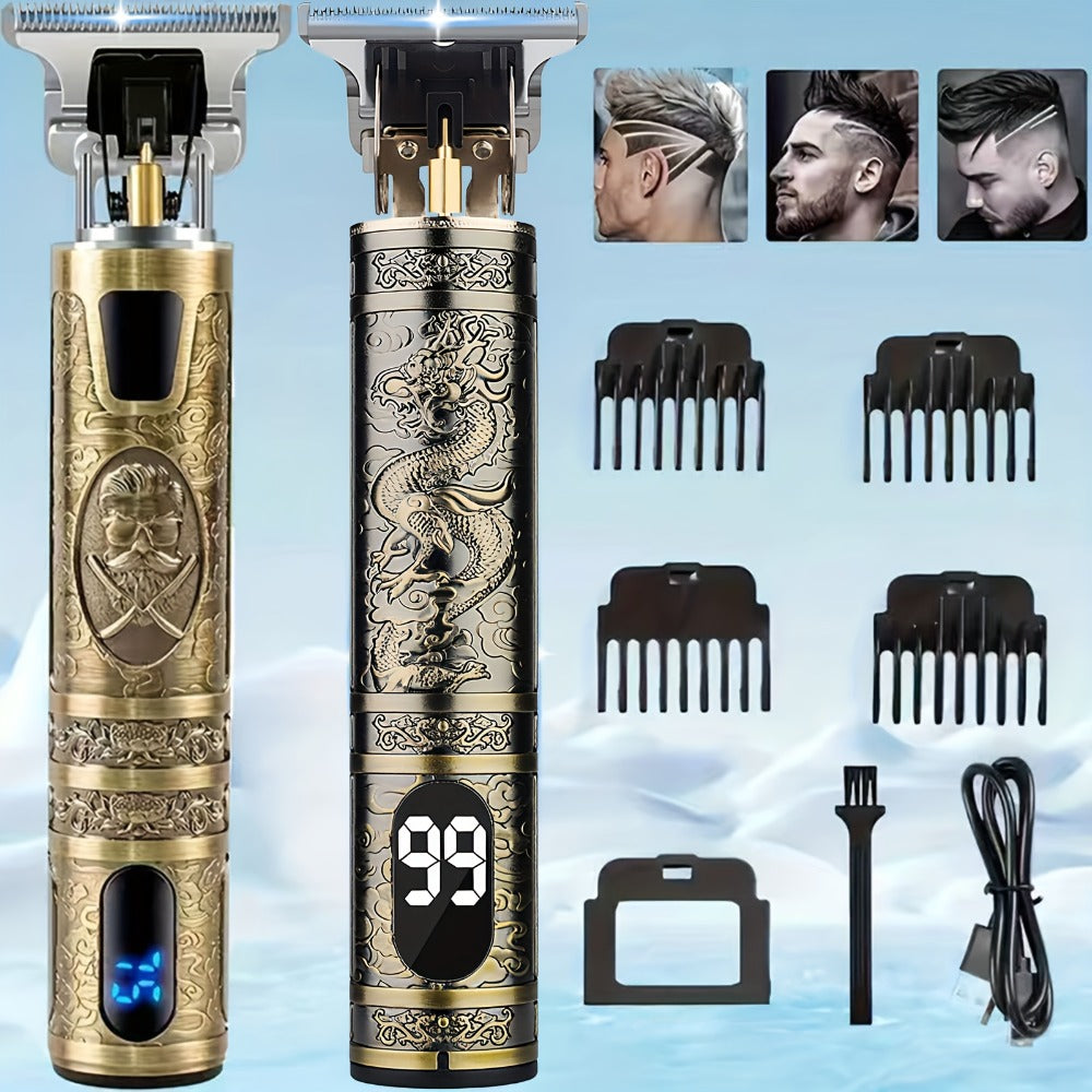 LED Hair Trimmer for Men – T-Blade USB Rechargeable 2000mAh, Vintage Dragon & Mustache Design, 4 Guide Combs, Cordless Precis