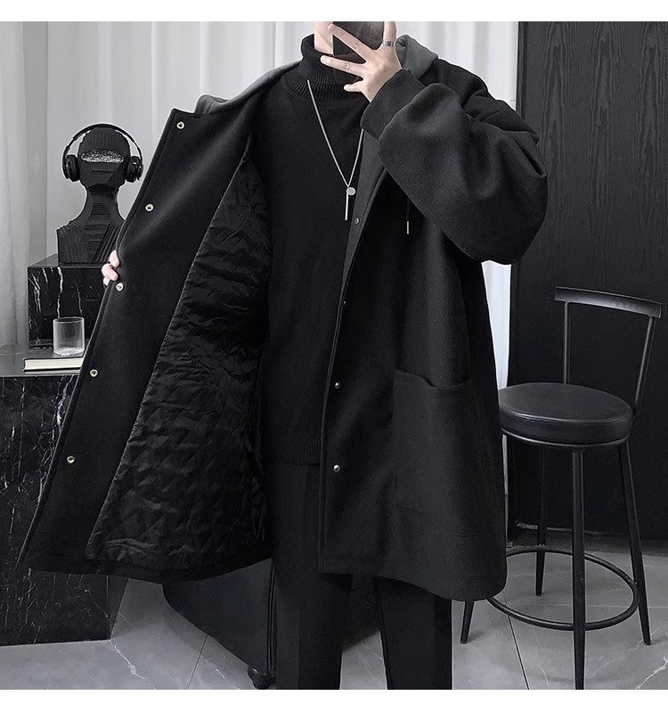 Quilted Hooded Jacket Mens Mid-Length Wool Coat
