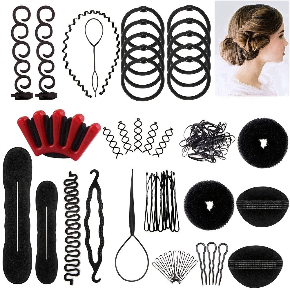 51-Piece Hair Styling Tool Set Braiding Kit with Clips Donut Bun Maker Hair Pins Curlers Braid Accessories for Women Bridal W