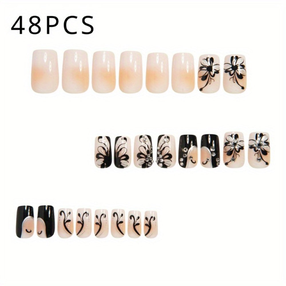 Press On Nails 48-Piece Medium Square Black and White Matte French Tip Butterfly Full-Cover Set — image 4