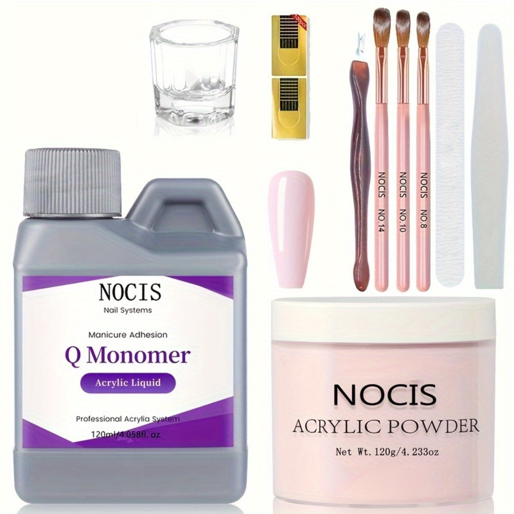 Acrylic Nail Kit NOCIS 120g Peach Pink Powder Set with Q Monomer, Brush Set, Nail File and Mixing Cup — image 1
