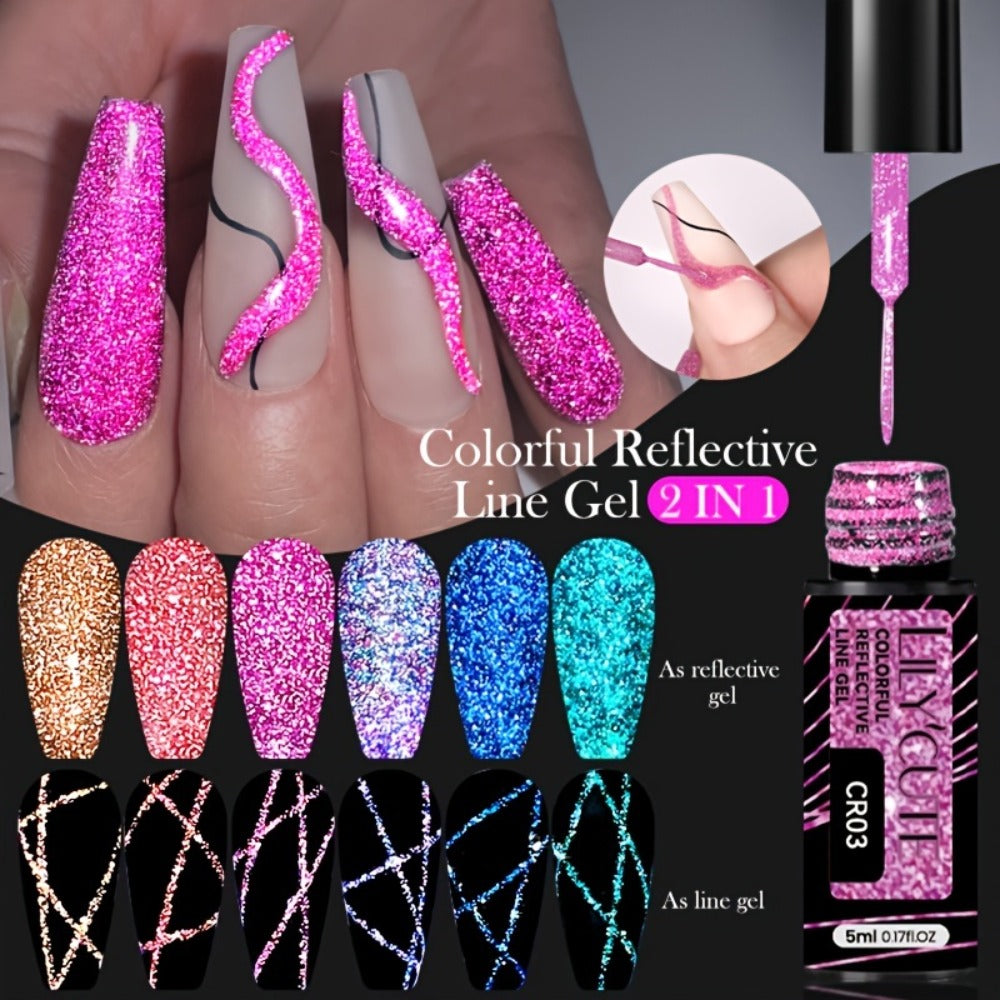 Reflective Liner Nail Art Gel Six-Bottle Set with 5ml CR01 to CR06 Colors and Slim Brushes for Detail Lines — image 12