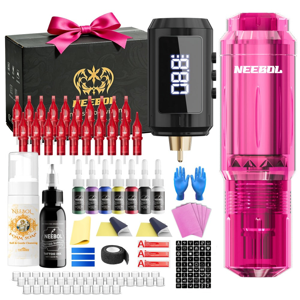 Tattoo Machine Kit Neebol A-07, A-07 Pro or B-08 Cordless Pen with 1600mAh Battery, 20 Cartridges and 8 Inks — image 1