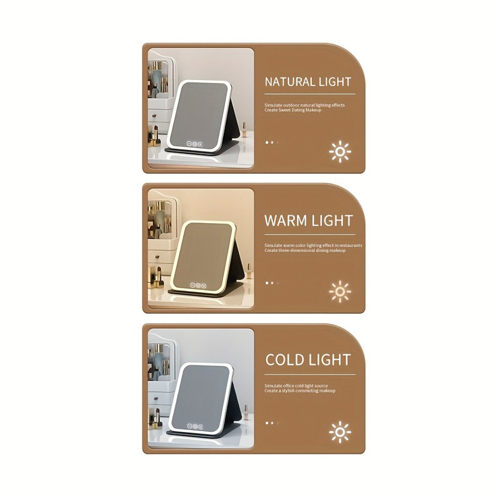 Makeup Mirror Foldable LED Travel Stand with Three Light Colors, Touch Dimming, USB Charging and Pink or White Options — imag