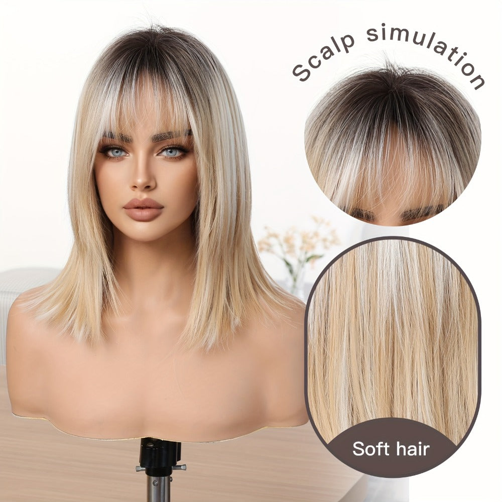 Synthetic Wig 16-Inch Gradient White-Golden Straight Style with Bangs and Adjustable Rose Net Cap — image 3