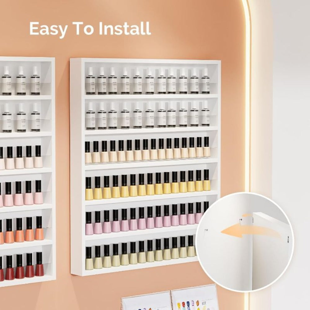 Wall Mount Nail Polish Rack 6 Tier Holds 120 Bottles with Acrylic Baffles – Large Nail Varnish Display Shelf Organizer for Sa