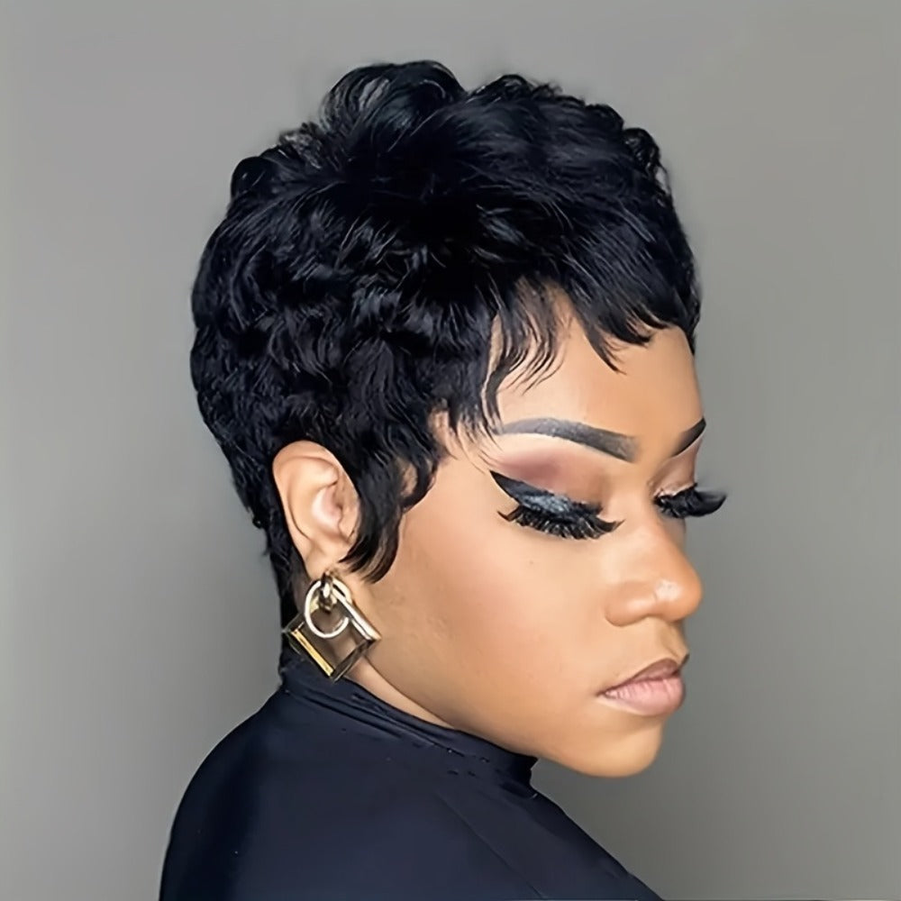 4-Inch Straight Layered Pixie Human Hair Wig in Black with 150% Density and Machine-Made Rose Net Cap — image 6